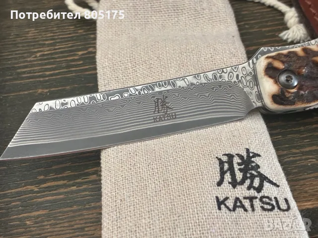 Японски джобен сгъваем нож Katsu. Еленов рог , дамаска стома, снимка 7 - Ножове - 55316436