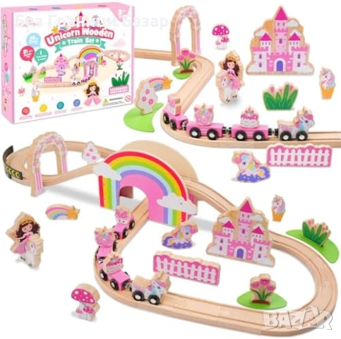 Нова играчка Магнитно дървено влакче еднорог комплект 43 части идеален подарък дете