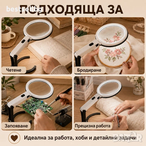 Ръчна и настолна лупа лед осветление за четене бродиране шиене гоблени, снимка 3 - Други инструменти - 29229533