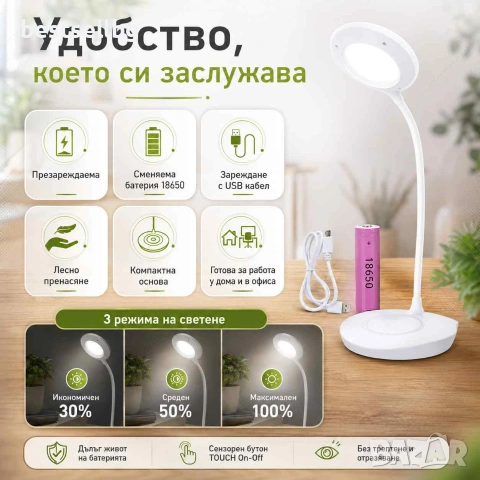 Стилна и мощна акумулаторна настолна нощна лампа с LED осветление мощност 9W три режима на сила на с, снимка 7 - Настолни лампи - 29096704