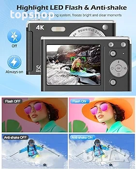 Чисто нов 4K 50MP фотоапарат за влогове – Автофокус, 32GB карта, 2 батерии, черен, сив или розов  , снимка 3 - Фотоапарати - 54620628
