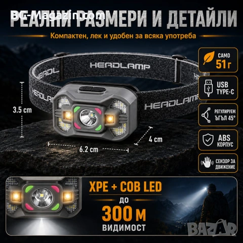 Малък LED акумулаторен челник със сензор USB зареждане фенер за глава бягане риболов къмпинг мощен, снимка 4 - Къмпинг осветление - 51178975