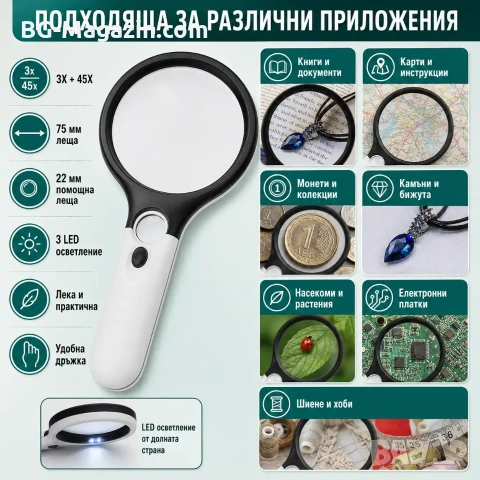 Увеличителна ръчна лупа с дръжка LED осветление лампа бижутерска за четене на книга евтина деца, снимка 4 - Други инструменти - 50919634