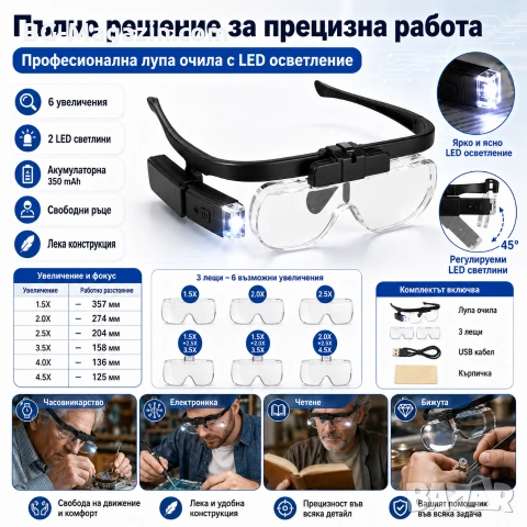 Професионална увеличителна лупа за глава очила LED осветление за четене шиене гоблени бродиране, снимка 2 - Други инструменти - 50919261