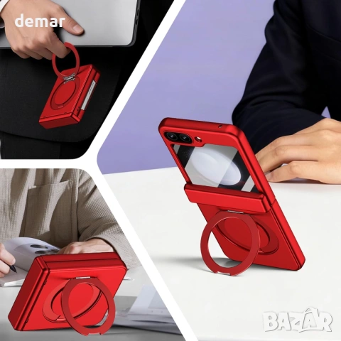 Червен Калъф за Samsung Galaxy Z Flip5 с въртящ се пръстен и стойка, снимка 7 - Калъфи, кейсове - 54890600