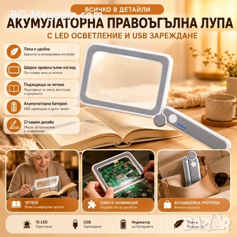 Акумулаторна правоъгълна увеличителна лупа с LED осветление ръчна за четене на книги USB зареждане