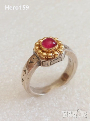 Дизайнерски дамски марков пръстен с аметист и златен 18карата обков,сребърен ринг 925.,, снимка 3 - Пръстени - 54320233