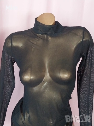 S/M Черна блуза с дълъг ръкав от прозрачен еластичен тюл , снимка 3 - Блузи с дълъг ръкав и пуловери - 54130135