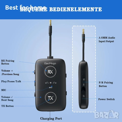 Bluetooth 5.4 предавател и приемник ElecMoga aptX, снимка 6 - Друга електроника - 54519803