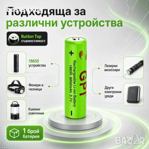 Акумулаторна батерия GPI 18650 3.7V 8800mAh за челници фенери глава прожектори лазери къмпинг лампи, снимка 3 - Къмпинг осветление - 51204447