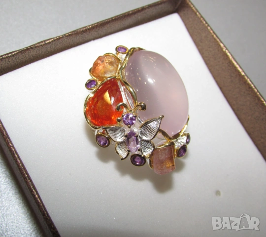 925 Сребърен пръстен с розав кварц 32 карата интересен