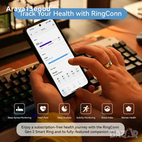 RingConn Gen 2 Smart Ring – титаниев смарт пръстен за сън и здраве, сребрист, размер 11, снимка 6 - Друга електроника - 55636481