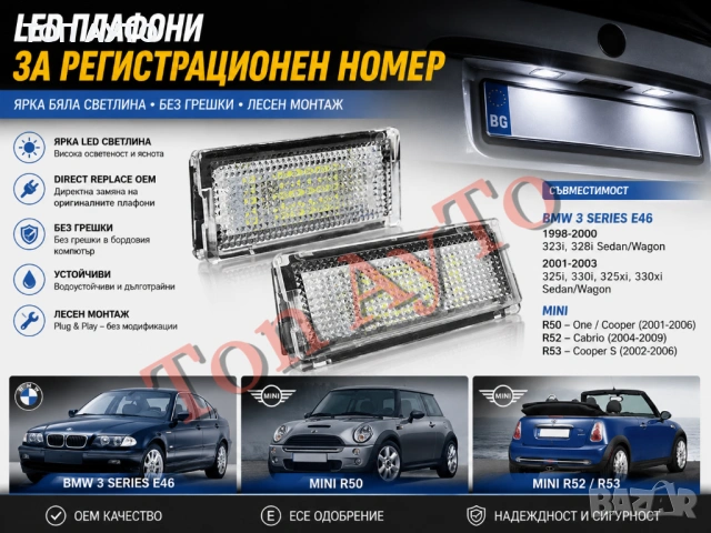 Лед LED Плафони Регистрационен Номер БМВ Е46 4 Врати Седан Комби 1998 - 2003 BMW E46 Мини Купър MINI