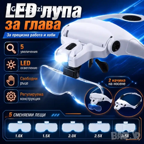 Увеличителна лупа за глава с LED осветление очила за четене шиене на гоблени бродерия очила лампа
