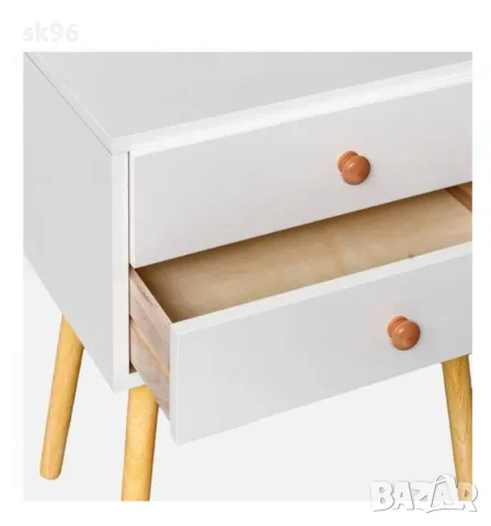 Нощно шкафче с 2 чекмеджета и 4 крака, бял MDF дърво, снимка 3 - Шкафове - 55512120
