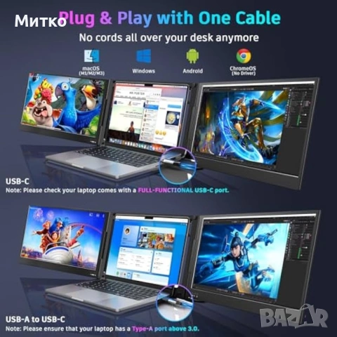 QQH 15.6" разширител на екрана за лаптоп, 1080P троен преносим монитор за лаптоп с ултратънък IPS ди, снимка 6 - Монитори - 54604528