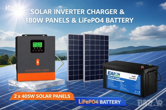 Хибриден инвертор 3kw и Lifepo4 акумулатор 24v 100ah.Два панела.Безплатна доставка.
