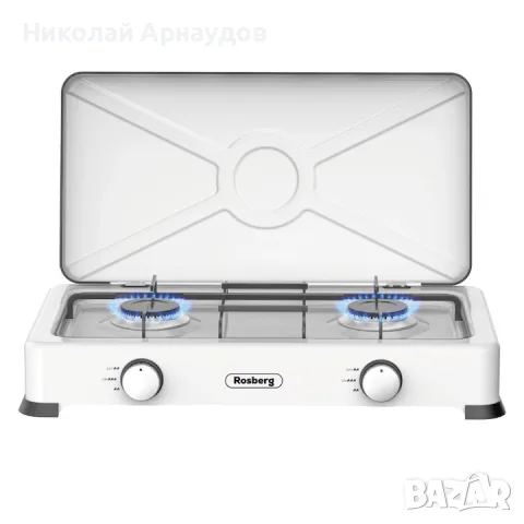Двоен газов котлон с капак Rosberg R51454E2 2х 2.2 kWh, 30 mbar, Въглеродна стомана, Бял