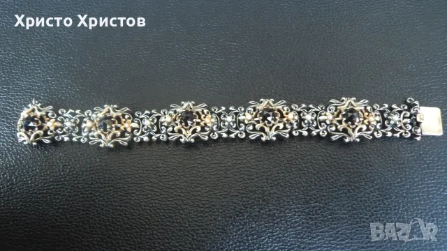 Сребърна аристократична винтидж гривна с гранати, позлата и перли Виена, снимка 5 - Гривни - 55667793