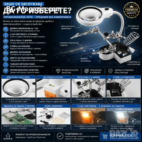 Професионална мощна увеличителна настолна лупа трета помощна ръка с LED осветление за платки щипки, снимка 6 - Други инструменти - 50921110