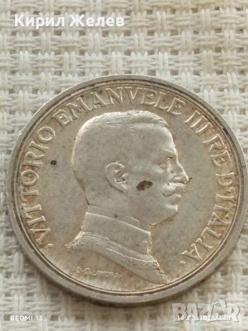 Сребърна монета 2 лири 1914г. Италия крал Виктор Емануил трети 40570, снимка 7 - Нумизматика и бонистика - 54550728