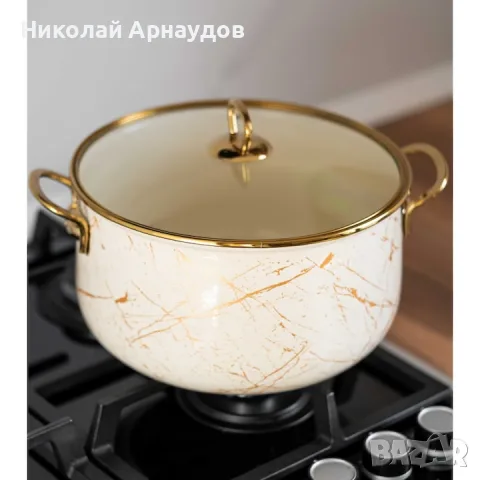 Тенджера Goldmann GM 8017-24B, 6.2L, 24x15см, Емайлирана, Индукция, Златист/Мрамор, снимка 2 - Съдове за готвене - 55645588
