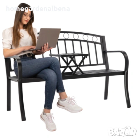 Градинска пейка 2 в 1 с разтегателна маса – стомана, 150 кг, 127 см, черна, снимка 6 - Градински мебели, декорация  - 54173369