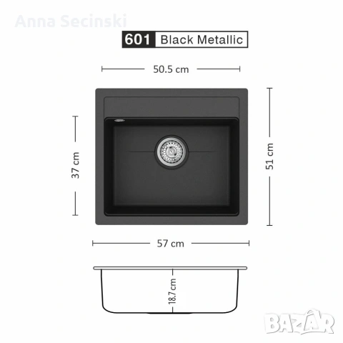 Мивка 57x51 LINO FIORA 570 SI - 601 Black metallic -  Черна