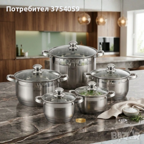 Комплект тенджери от неръждаема стомана , 10 части, Индукция, Многослойно дъно, Капаци от закалено 