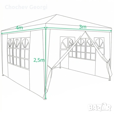 Градинска шатра павилион 3x4x2.5 м бяла – Парти шатра със стени, 4 прозореца и вход с цип, снимка 5 - Други стоки за дома - 54779551
