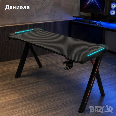 Геймърско бюро 140 см, черно - С поставка за чаша и слушалки, X-образни крака и LED светлини, снимка 4 - Други стоки за дома - 54694905