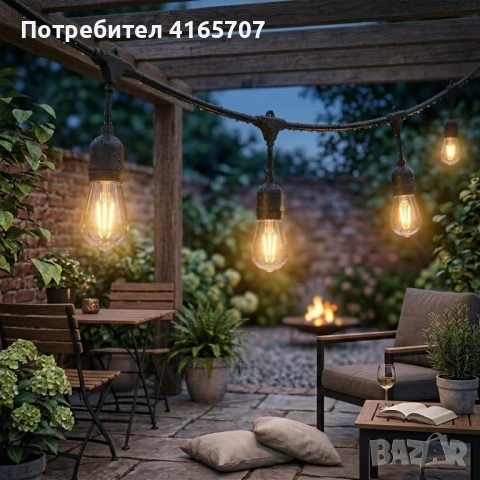 Градинска LED гирлянда 10 м с 10 фасунги E27 и EU щепсел – за двор, тераса и градина (без крушки), снимка 5 - Други - 54752793
