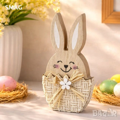 Великденска дървена декорация – зайче в яйце с бяла маргаритка, 7x2x15 см._1233624