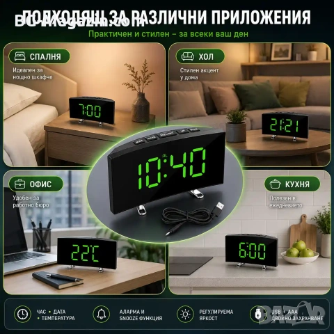 Модерен електронен LED настолен часовник с температура USB безшумен малък за спалня офис дигитален, снимка 7 - Други - 51039067