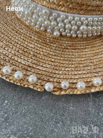 Сламена дамска шапка с декорация от перли, снимка 7 - Шапки - 54172456