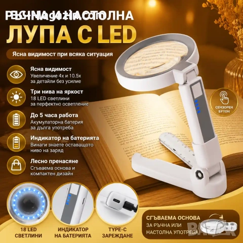 Акумулаторна ръчна увеличителна лупа с LED осветление USB зареждане за четене 4X увеличение и скала