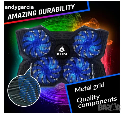 Охладителна подложка Klim Wind RGB за лаптопи до 17.3 инча черна rgb осветление с кутия като нова, снимка 2 - Джойстици и геймпадове - 55528632