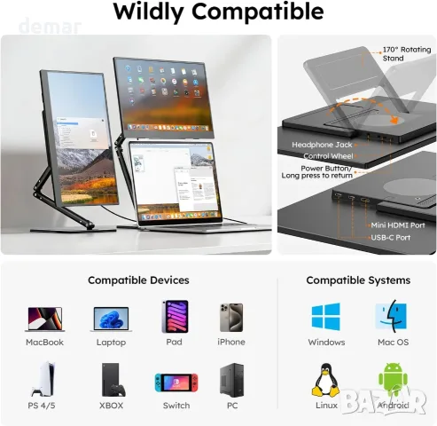 Преносим монитор 15.6" 1080P с регулируема стойка, USB-C/HDMI, снимка 3 - Монитори - 55661477