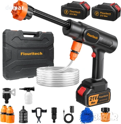 Безжична водоструйка Flouritech 21V Max, 1200 PSI с 2 батерии, маркуч и дюзи за почистване на автомо