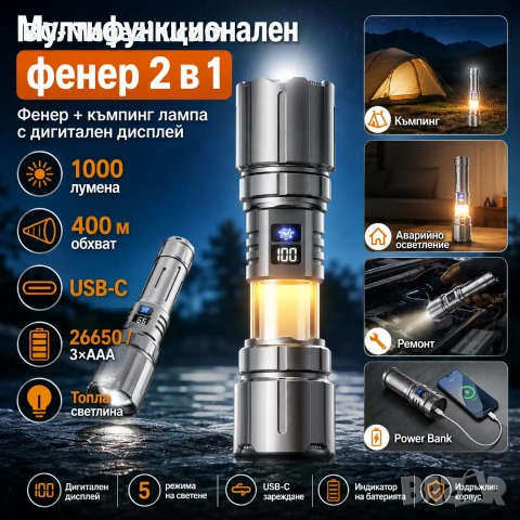 Акумулаторен прожектор и къмпинг лампа YEMAO 2в1 с Power Bank и USB-C