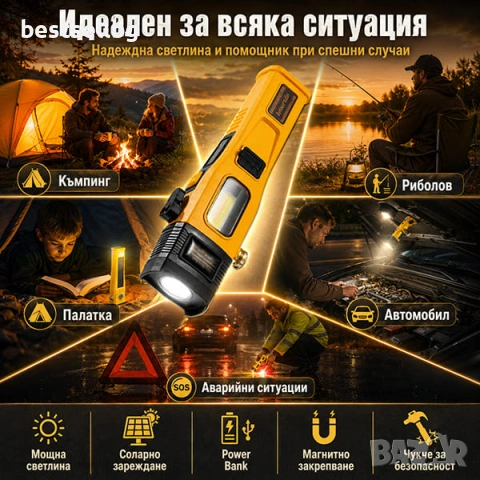 Мощен акумулаторен LED фенер 2500 лумена със соларен панел Power Bank магнит и аварийни инструменти, снимка 3 - Къмпинг осветление - 50861553