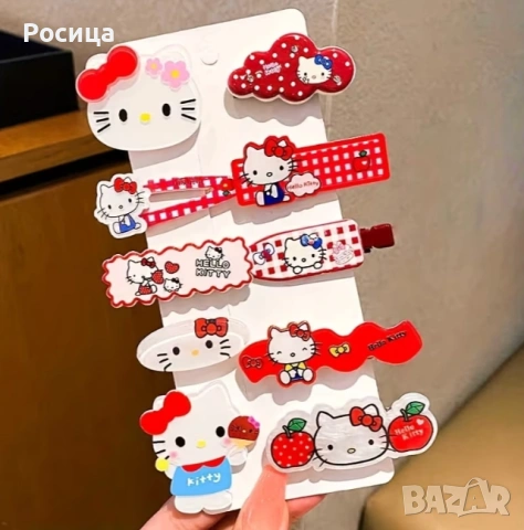 Комплект от 10 броя фиби за коса Hello Kitty., снимка 4 - Шноли, диадеми, ленти - 55086688