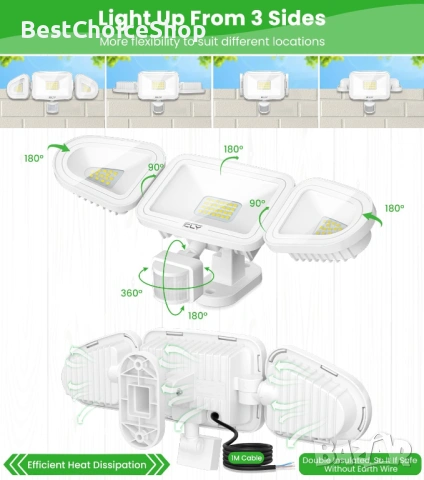 LED прожектор с датчик за движение и дистанционно управление – 3600LM, 3 регулируеми глави, снимка 7 - Външни лампи - 54952188