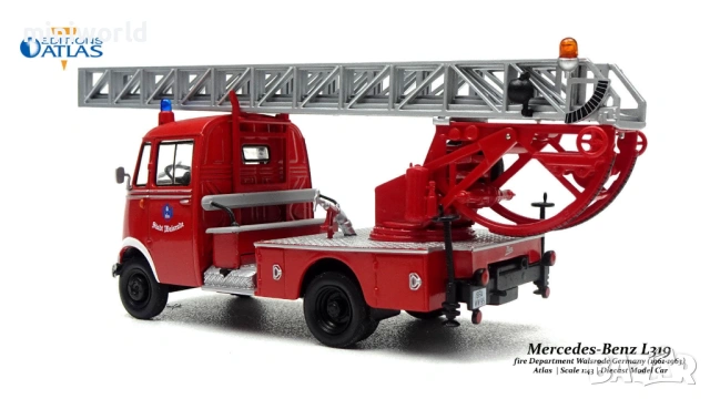 Mercedes-Benz L319 Пожарна стълба 1961 - мащаб 1:43 на Atlas моделът е нов в блистер, снимка 3 - Колекции - 54441009