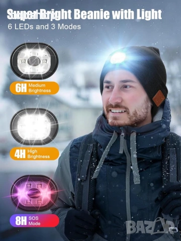 Чисто нова Зимна шапка UNBON с Bluetooth 5.4 слушалки и LED челник, Черна, снимка 4 - Шапки - 54895685