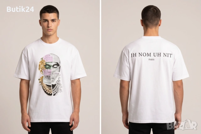 IH NOM UH NIT мъжка тениска „Mask" — бяла, овърсайз, floral mask принт