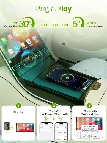 CA6 Wireless Adapter – Безжичен Apple CarPlay и Android Auto адаптер, Plug & Play, снимка 3 - Аксесоари и консумативи - 55511794