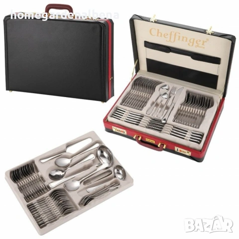 Луксозен комплект прибори Cheffinger – 72 части със златно/сребърно покритие + куфар, снимка 8 - Прибори за хранене, готвене и сервиране - 54166467