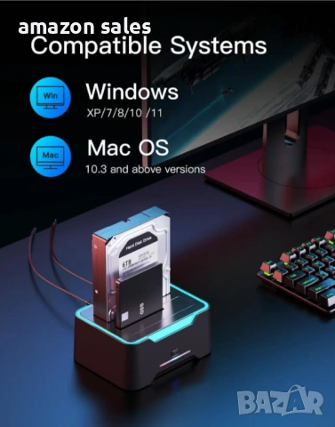 Докинг станция за RGB твърд диск, двойна докинг станция за 2,5/3,5 инча SATA HDD SSD,клониране..., снимка 5 - Твърди дискове - 54575553