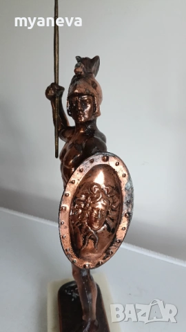 Ахил с щит и копие, стара , метална статуетка върху мраморен постамент, снимка 5 - Статуетки - 54207701